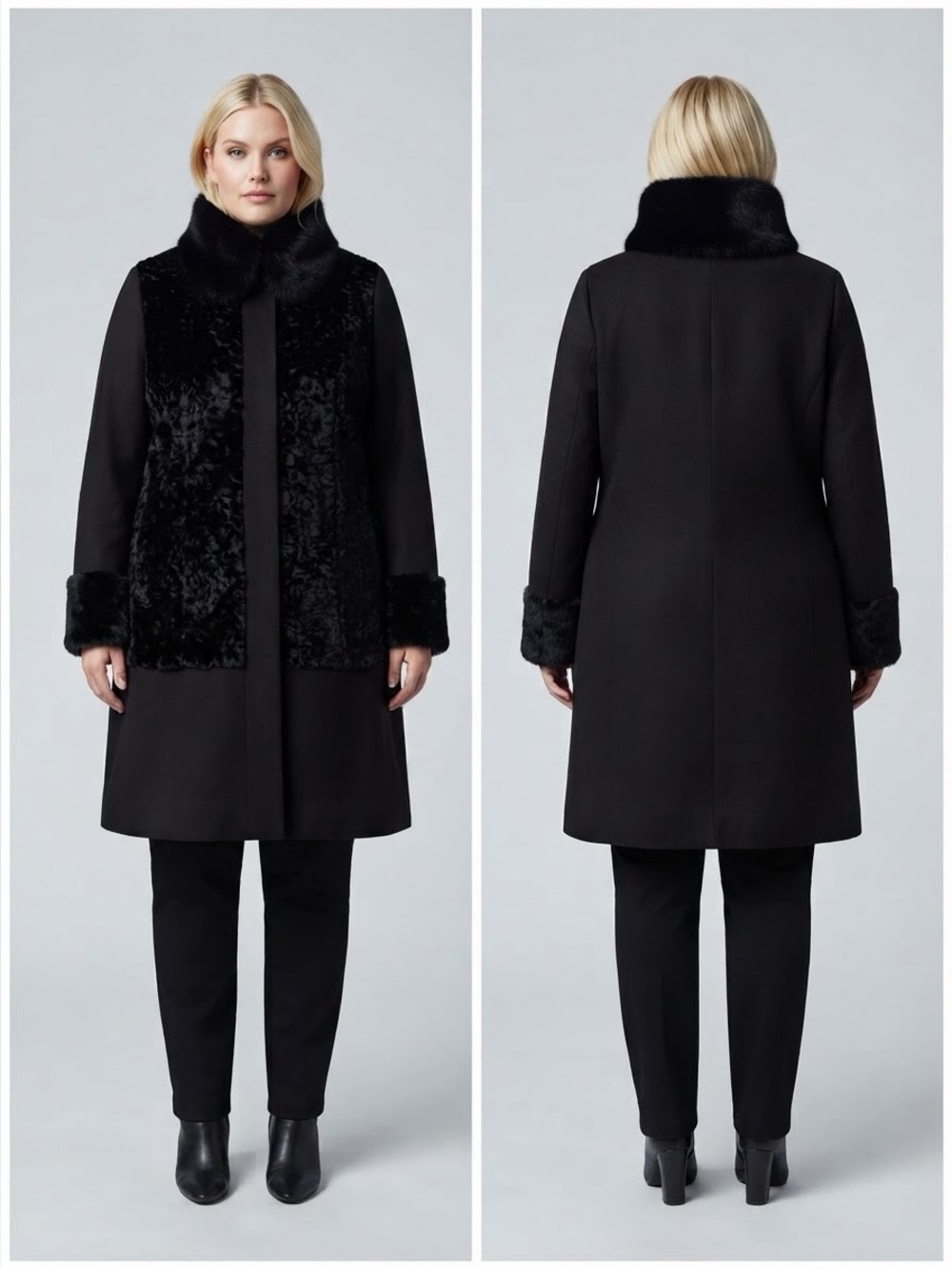 NWT WOMEN PLUS SIZE WINTER COAT WOOL BLEND REAL RACCOON FUR COLLAR BLACK JACKET
